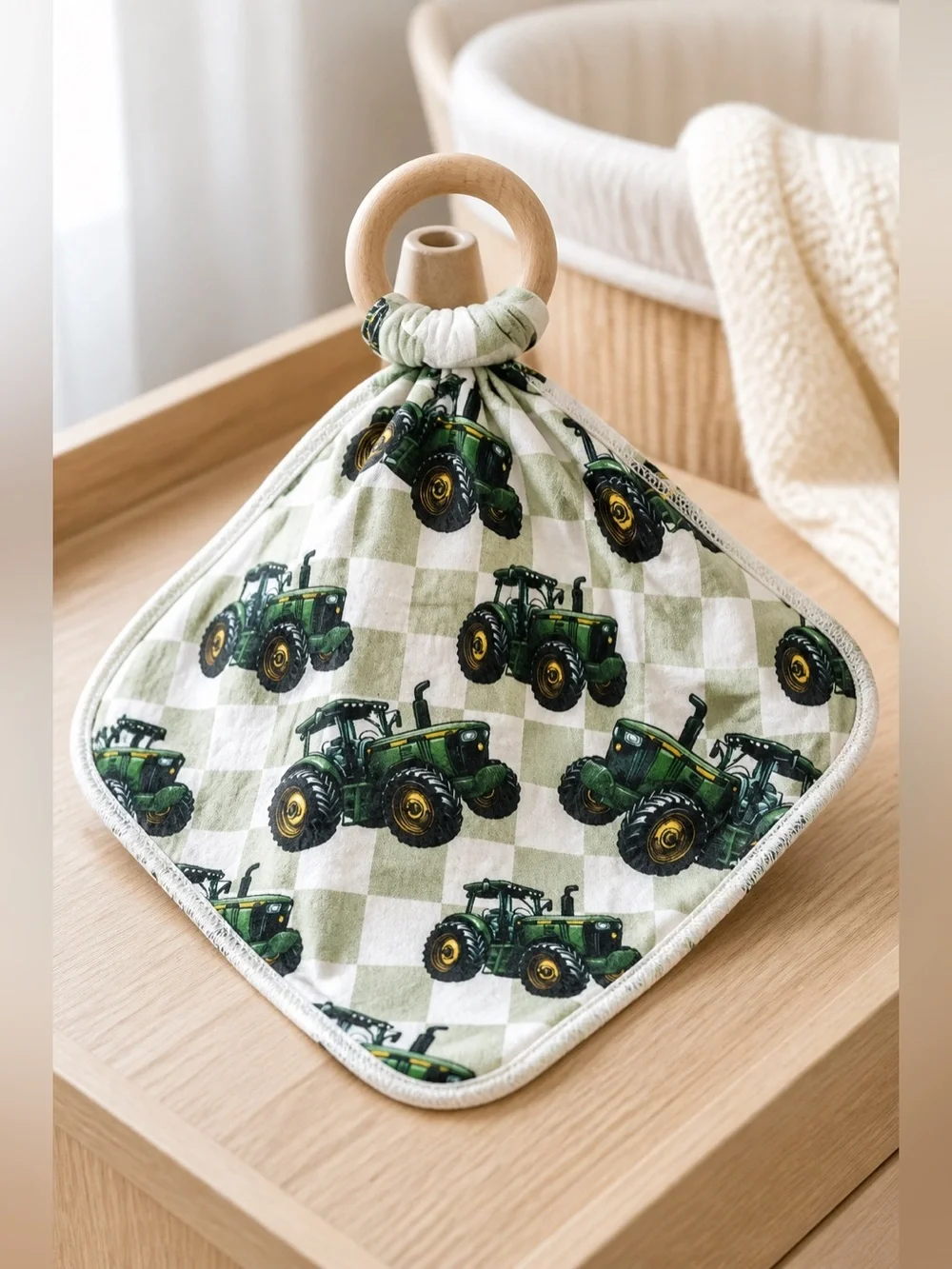 NWT BAMBOO Baby Lovie With Wood Teething Ring Tractor Design